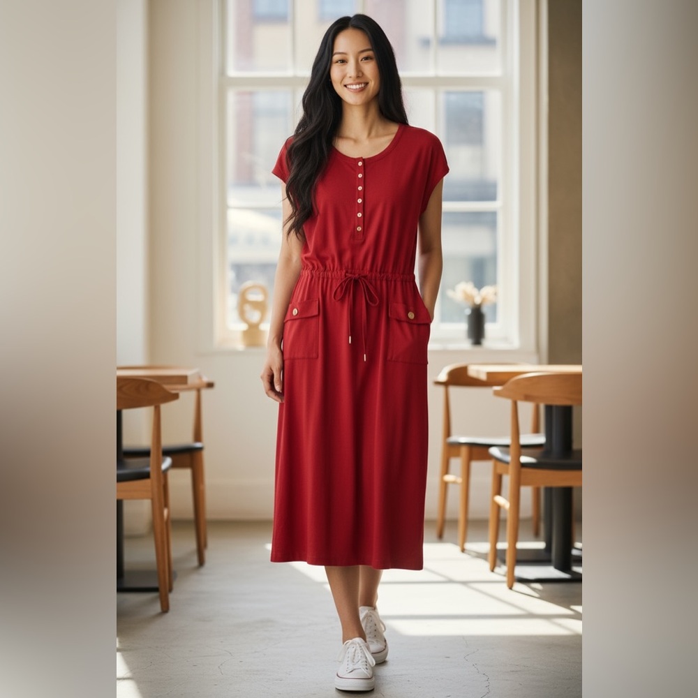 Chelsea &‎ Theodore Midi Nautical Beachy Stretch Dress 12P Red Drawstring Preppy